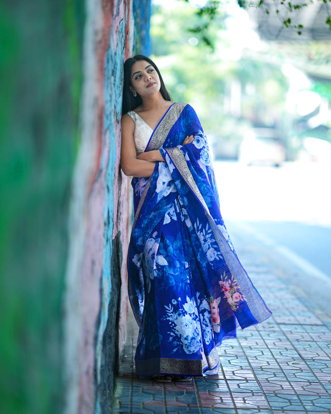 Binny Crepe Saree Floral Print With Golden Zari Border - Royal Blue